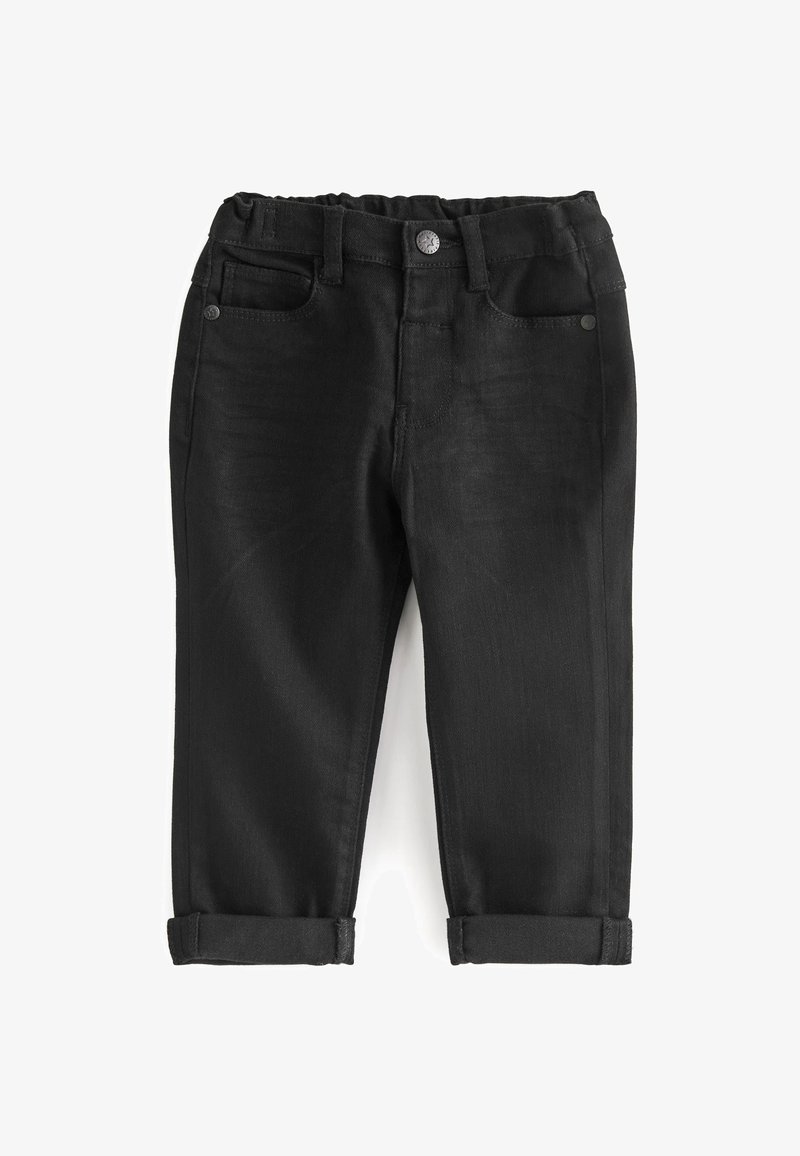 Schwarze Jeanshose mit elastischem Bund, Vordertaschen und aufgerollten Säumen. Der Stoff ist glatt mit einem leichten Schimmer und minimalen Nähten.