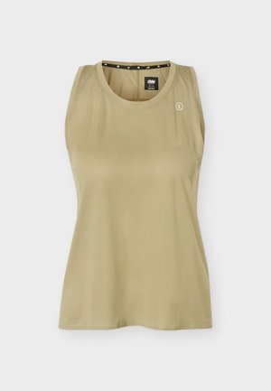 Αμάνικο αθλητικό τοπ από μπεζ διχτυωτό ύφασμα με στρογγυλή λαιμόκοψη και μικρό λογότυπο της μάρκας κοντά στον αριστερό ώμο.