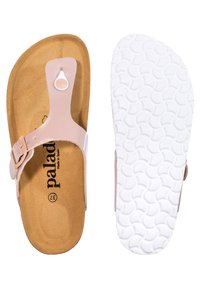 Rosa tanga sandaler med en texturerad korkfotbädd och vit gummisula. Har en enda rem med en rund spänne. "Palad"-logotyp på fotbädden.