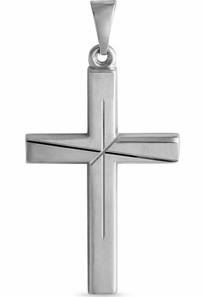 Pendentif croix en métal argenté au design épuré et moderne, présentant quatre lignes gravées simples qui se croisent au centre.