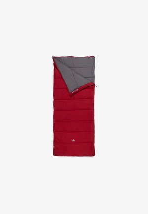 Red sleeping bag with a gray interior, featuring a quilted design and zip closure. Smooth texture with horizontal stitching accents.