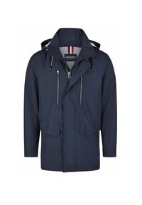 Navy waterdichte jas met een ritssluiting aan de voorkant, twee borstzakken, een capuchon met trekkoord en verstelbare manchetten. Glad materiaal met een subtiele glans.