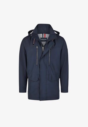 Navy waterproof jacket with a front zipper, two chest pockets, drawstring hood, and adjustable cuffs. Smooth fabric with subtle sheen.