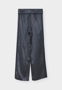 Σκούρο γκρι σατέν παντελόνι με φαρδύ πόδι, λεία υφή, ψηλή μέση και αντίθετη πλευρική επένδυση, με χαλαρή και ελεύθερη γραμμή.