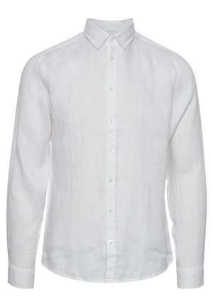 Camisa de lino blanca de manga larga con cuello abotonado, cierre frontal con botones y un acabado texturizado sutil. Sin patrones ni acentos visibles.