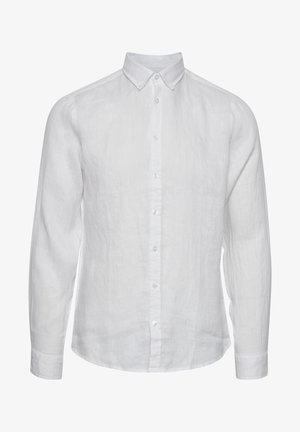 Baltos lininės ilgomis rankovėmis marškiniai su mygtukų apykakle, priekyje mygtukais užsegami ir subtiliu tekstūruotu paviršiumi. Nėra matomų raštų ar akcentų.