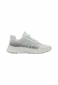 Leichtgewichtiger Sportschuh in Grau und Weiß. Mit einem strukturierten Obermaterial, blauen Akzenten und einer dicken Sohle mit segmentiertem Profil für besseren Halt.