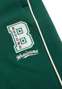 Sudadera verde con una letra 'B' bordada y la palabra "BEYOND" en blanco, además de un texto decorativo "Horizons" contorneado en colores a juego.