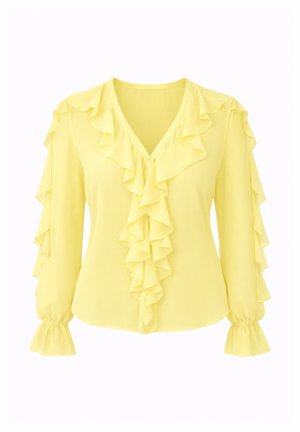 Żółta bluzka z długim rękawem i dekoltem w serek, ozdobiona kaskadowymi falbanami na przodzie, rękawach oraz elastycznych mankietach z falbanką.