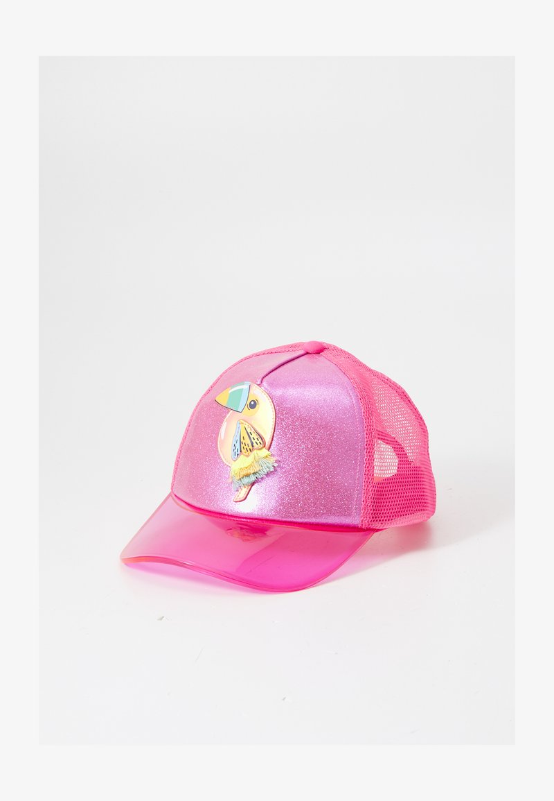Pink glitter baseball cap with a transparent brim; features a colorful bird patch with details and mesh sides for ventilation.
