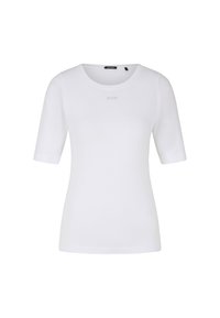 Weißes T-Shirt mit kurzen Ärmeln und rundem Ausschnitt, aus glattem Stoff hergestellt, mit einem dezenten Logo auf der Brust.