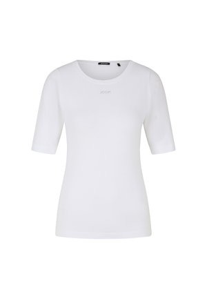 Weißes T-Shirt mit kurzen Ärmeln und rundem Ausschnitt, aus glattem Stoff hergestellt, mit einem dezenten Logo auf der Brust.