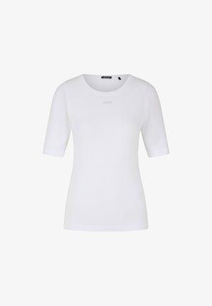 White short-sleeve t-shirt with a round neckline, made from smooth fabric, featuring a subtle logo printed at the chest.