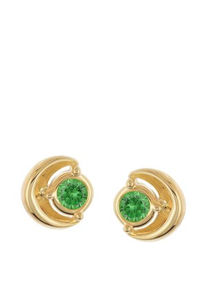 Pair of gold crescent-shaped earrings each holding a round green gemstone in the center set against a white background.