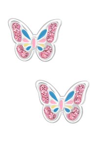 Zilveren vlinder oorbellen met roze rhinestones en kleurrijke emaille details in blauw, geel en roze op een witte achtergrond.