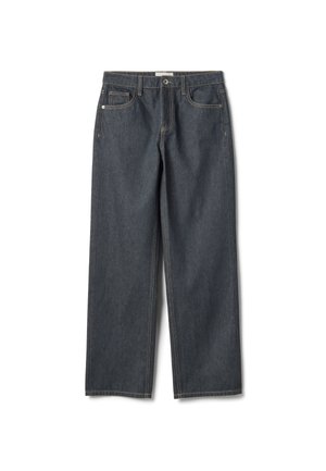 Donkerblauwe denim jeans met een losse pasvorm, rechte pijpen, subtiele stikseldetails en een vijfzakken ontwerp met een knoopsluiting.