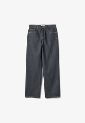 Dunkelblaue Jeans aus Denim mit lockerem Schnitt, geraden Beinen, dezenten Nahtdetails und Fünf-Taschen-Design mit Knopfverschluss.