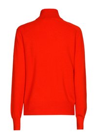 Roter Strickpullover mit hohem Kragen, langen Ärmeln und gerippten Bündchen und Saum. Weicher Stoff und eine moderne, taillierte Silhouette.