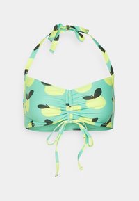 Top de bikini verde com padrão de maçãs amarelas, apresentando detalhes franzidos e alças ajustáveis. Tecido suave e elástico.