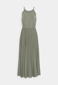 Olivgrön, ärmlös maxiklänning med plisserad kjol, elastisk midja och tunna axelband. Slät textur och flödig design.