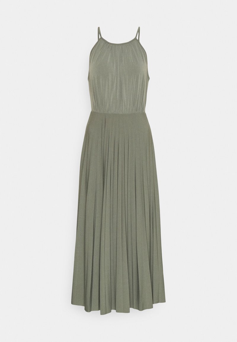 Olivgrön, ärmlös maxiklänning med plisserad kjol, elastisk midja och tunna axelband. Slät textur och flödig design.