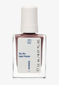 Liten fyrkantig glasflaska med mauve nagellack, vit kork och etikett som läser "No No Nail Polish" och "11 mL / 0,37 FL. OZ."
