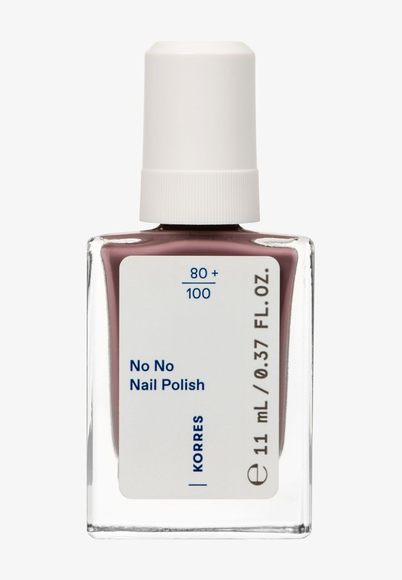 Piccola bottiglia quadrata in vetro con smalto per unghie mauve, cappuccio bianco e etichetta con la scritta "No No Nail Polish" e "11 mL / 0.37 FL. OZ."