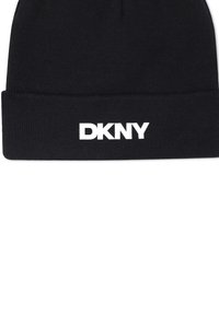 Zwarte gebreide beanie met een omgeslagen rand en een prominent wit DKNY-logo. Soepele textuur en een snug fit voor warmte.
