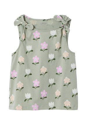 Ärmelloses grünes Kleinkind-Top mit geknoteten Schulterriemen, verziert mit einem Muster aus rosa, weißen und beige lächelnden Blumen mit grünen Blättern.