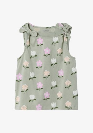 Ärmelloses grünes Kleinkind-Top mit geknoteten Schulterriemen, verziert mit einem Muster aus rosa, weißen und beige lächelnden Blumen mit grünen Blättern.