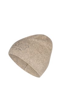 Beige fleece winter hat with a simple black outline of a walking bear and the text "morning bear" on the side.
