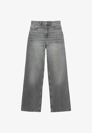 Jeans largi gri din denim, cu talie medie, cinci buzunare și o decolorare subtilă pe picioare.