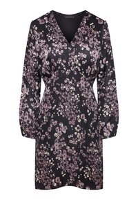 Robe noire à fleurs en tissu lisse, caractérisée par un col en V, de longues manches bouffantes et un motif de petites fleurs violettes et blanches.
