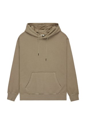 Beige hoodie gemaakt van zacht materiaal, met een kangoeroezak, geribbelde manchetten en tonale stiksels met een logo op de borst.
