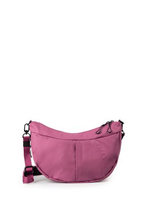 Pink crescent-shaped crossbody bag with adjustable strap, dual zipper closures, and subtle embossed brand logo on the front right side.