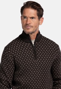 Bruine trui met rits en een getextureerd, geometrisch patroon in beige. Gemaakt van gebreide stof, met een ribgebreide kraag en een halve rits sluiting.