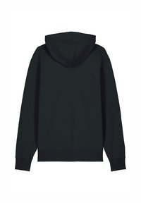 Zwarte hoodie met een trekkoord in de capuchon, ribgebreide manchetten en zoom. De stof lijkt glad met een eenvoudig, strak ontwerp.