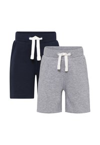 To par korte joggebukser: en i marineblå og en i lysegrå, begge med elastisk midje og hvite snorer. Mykt bomullsmateriale.