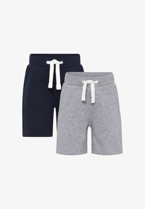 Two pairs of short sweatpants: one navy blue and one light gray, both with elastic waistbands and white drawstrings. Soft cotton material.