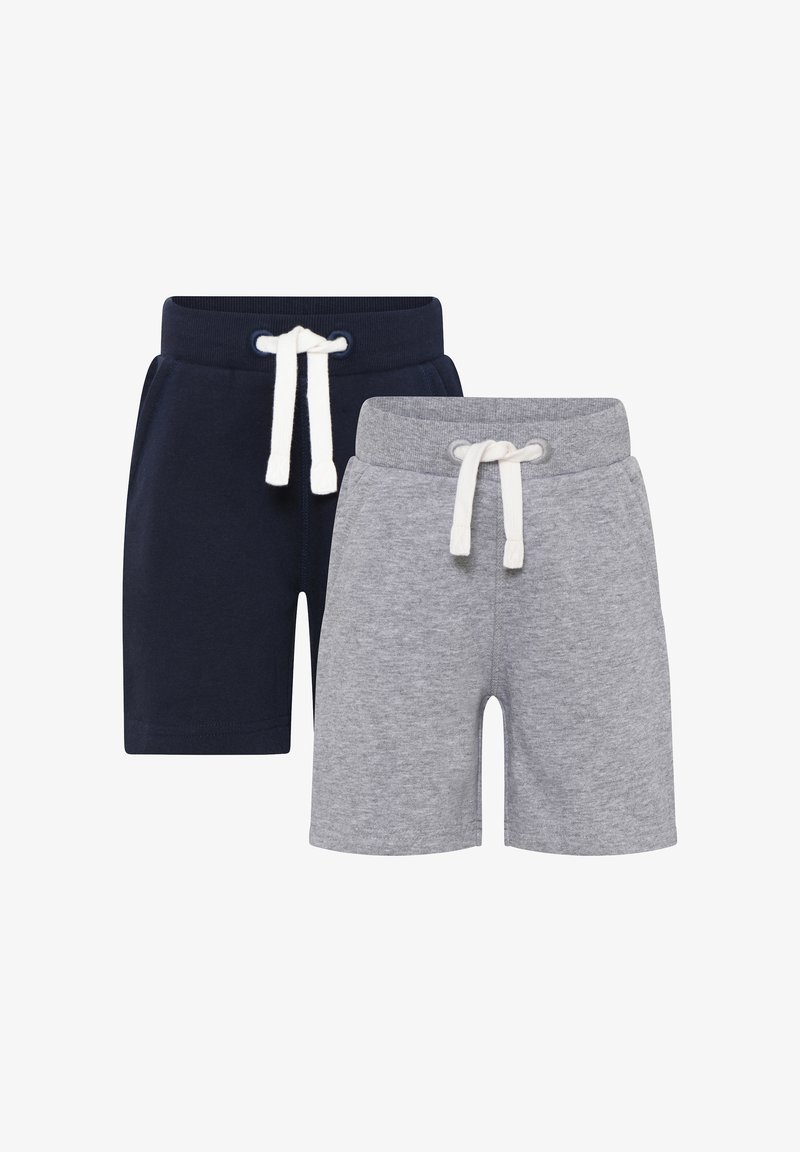 Du komplektai trumpų sportinių kelnių: vieni tamsiai mėlyni, kiti šviesiai pilki, abu su elastinėmis juostomis ir baltomis raištelėmis. Minkšta medvilnė.