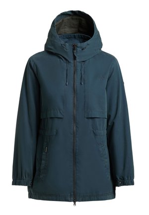 Giacca con cappuccio in teal scuro, con cerniera frontale, cappuccio con coulisse, tasche con patta e polsini elastici, mostrata su sfondo bianco.