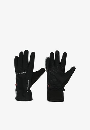 Sorte vindafvisende handsker med teksten "ENDURANCE" og "GEL", tekstureret håndfladegreb og justerbare håndledsremme vist forfra og bagfra.