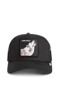 Cappello da camionista nero con una toppa raffigurante un lupo ricamato che ulula, rifinito con dettagli marroni e bianchi. I lati in rete migliorano la traspirabilità.