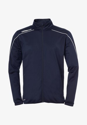 Marineblaues Jackett aus glattem Stoff, mit Stehkragen, durchgehendem Reißverschluss und weißen Akzentstreifen an den Schultern.