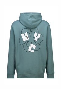 Hoodie in teal katoenmix, met een grote witte NYC-afbeelding op de achterkant met zwarte contouren en een relaxte pasvorm.