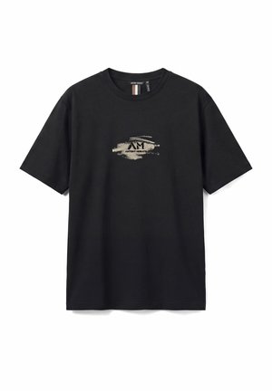 Black short-sleeve t-shirt with beige abstract brush stroke and small "Antony Morato" text logo centered on chest.