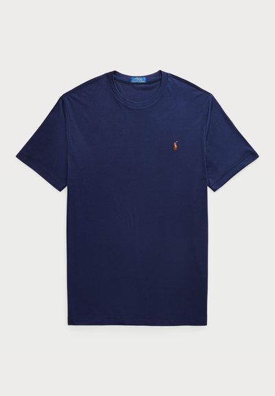 Navy blue cotton t-shirt with a crew neck, short sleeves, and a small embroidered logo on the left chest. Smooth texture and standard fit.