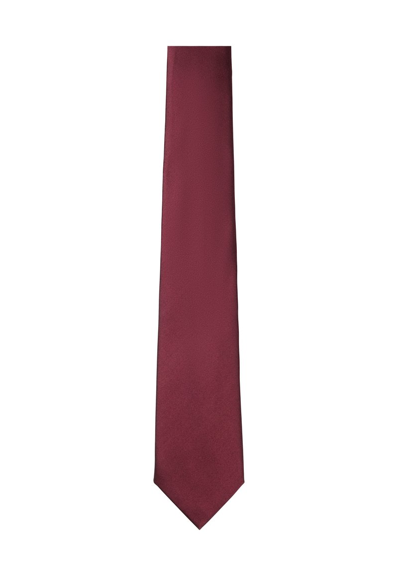 Cravate bordeaux avec une finition texturée, de forme étroite et un design à pointe. Sans motifs ni détails matériels visibles.