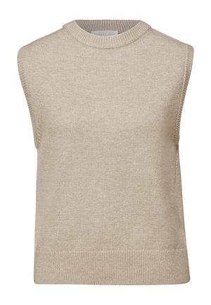 Beiges ärmelloses Strickoberteil mit Rundhalsausschnitt, feiner Struktur, geripptem Saum und glattem Stoff, geeignet zum Schichten oder für wärmeres Wetter.