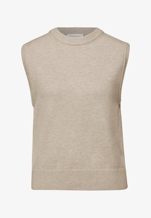 Beiges ärmelloses Strickoberteil mit Rundhalsausschnitt, feiner Struktur, geripptem Saum und glattem Stoff, geeignet zum Schichten oder für wärmeres Wetter.